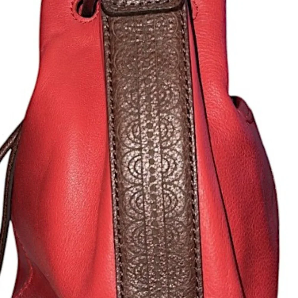 Brighton Orange Red Leather Drawstring Bucket Bag Purse with Fringe - Picture 9 of 13